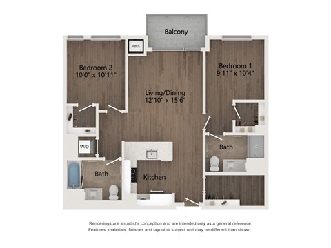 Two Bedroom Two Bath Floor Plan at 23rd Place Apartment, Illinois, 60654